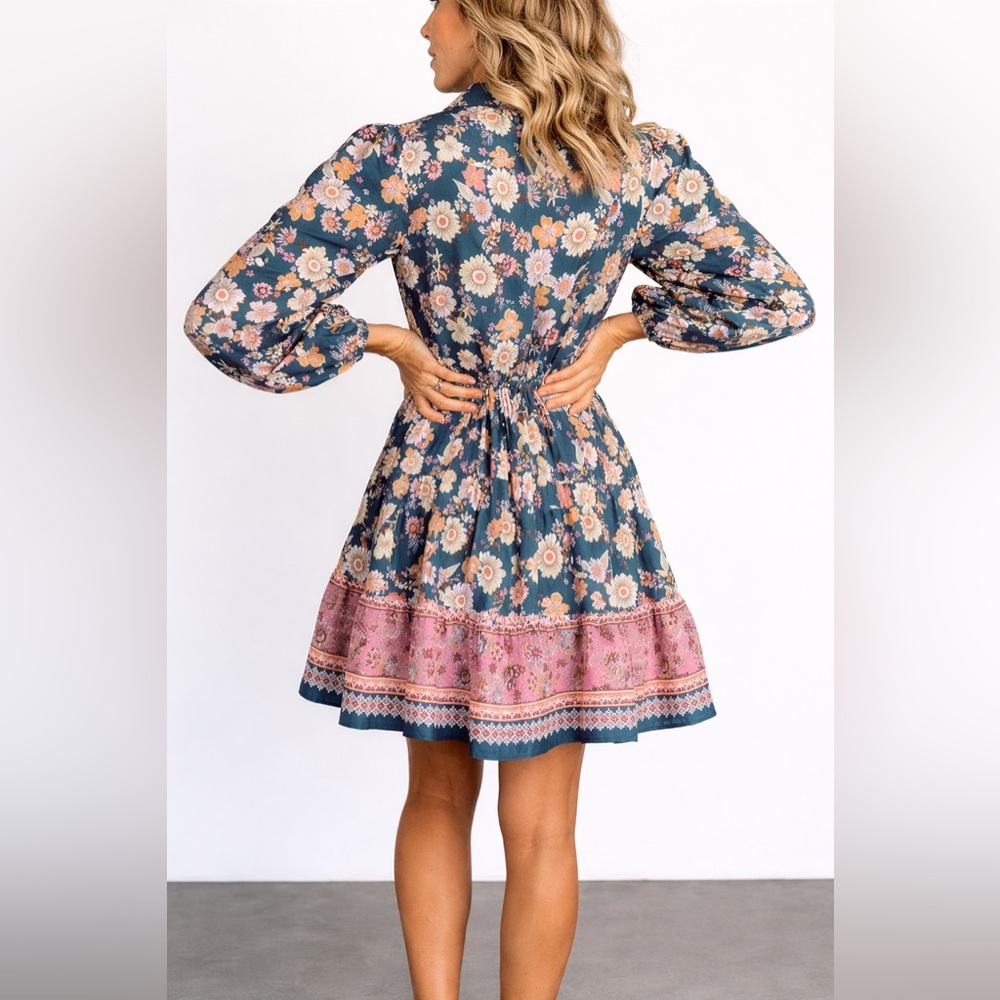 Baltic Born Jane Short Dress Floral Mini Teal Pink Long Sleeve Size S NWT - Picture 2 of 16